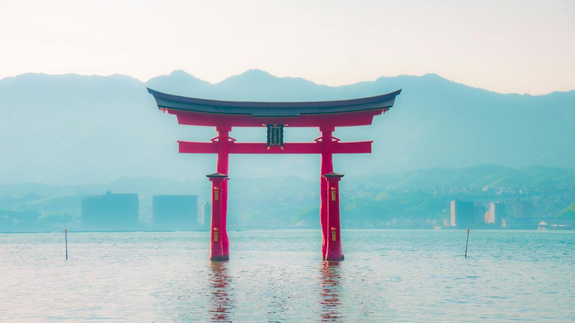 floating torii of itsukushima shrine in hatsukaichi japan